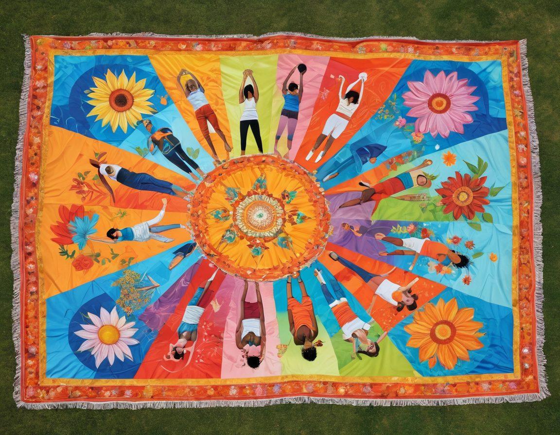 A vibrant scene of diverse individuals celebrating together in a lush park, holding colorful banners that symbolize advocacy and unity. Laughter and joy are evident on their faces, with the backdrop of blooming flowers and a clear blue sky. Include elements of wellness, such as yoga mats and healthy snacks, subtly integrated into the environment. Artistic expression with a touch of surrealism to enhance the feeling of happiness and transformation. super-realistic. vibrant colors.