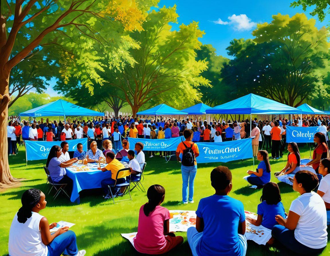 A vibrant community gathering in a sunny park, showcasing diverse individuals participating in joyful activities like painting and singing, surrounded by colorful banners promoting philanthropy and advocacy. Emphasize connection and happiness with children playing and adults engaging in discussions, all under a bright blue sky. The scene should evoke a sense of empowerment and togetherness. hyper-realistic. vibrant colors. outdoor setting.