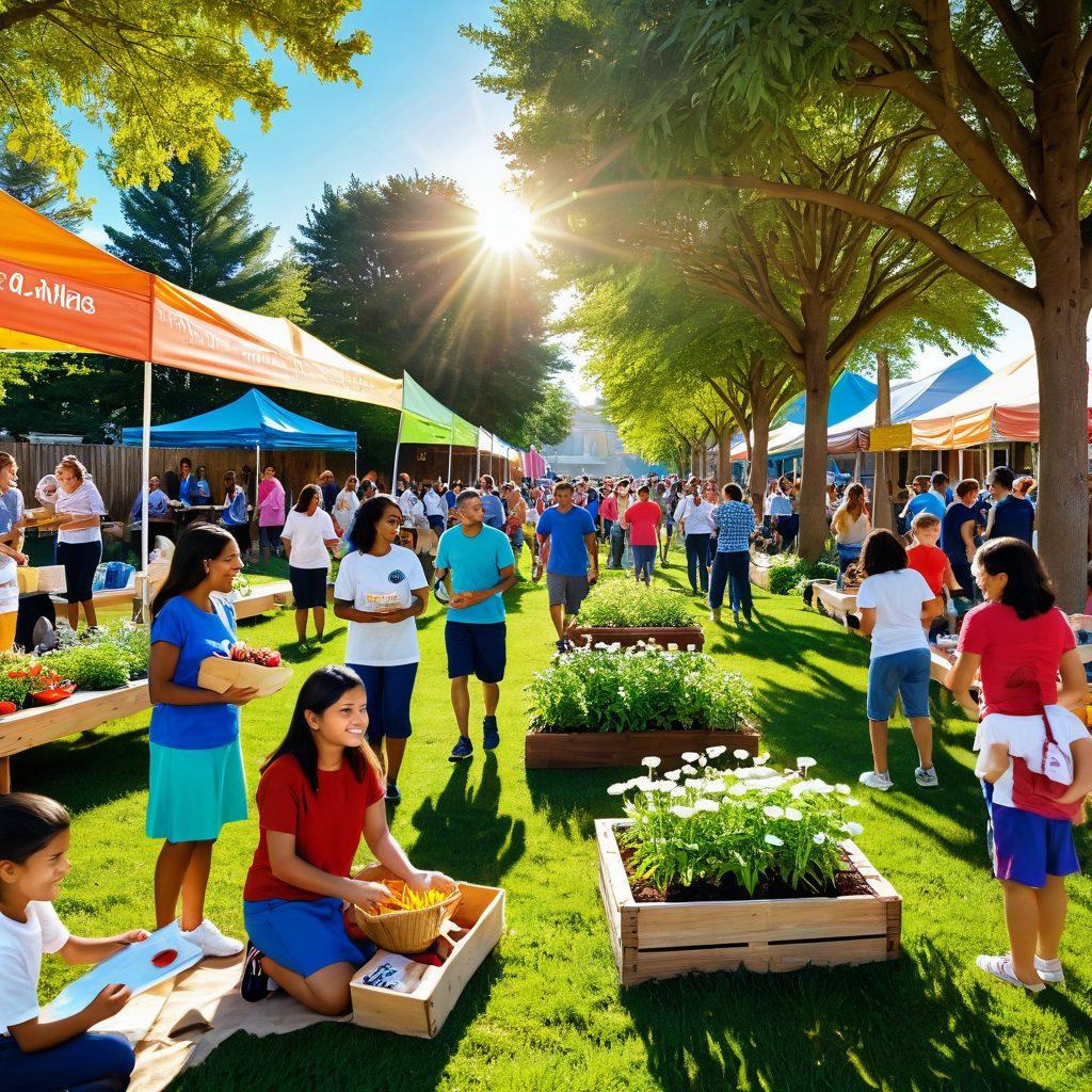 A vibrant community gathering scene, depicting diverse groups of people engaging in charitable activities, such as planting trees, distributing food, and crafting together. The background features colorful banners and signs promoting kindness and collaboration, with a bright sun shining down, casting a warm glow over smiling faces. Include playful elements like children playing and animals happily interacting, showcasing a joyful atmosphere. super-realistic. vibrant colors. warm tones.